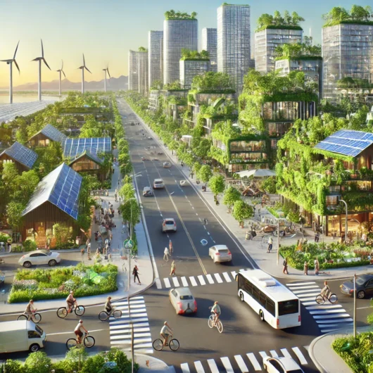 DALL·E 2025-02-27 04.12.18 - A futuristic city with lush green rooftops, solar panels, and vertical gardens. The streets are filled with electric vehicles, bicycles, and pedestria